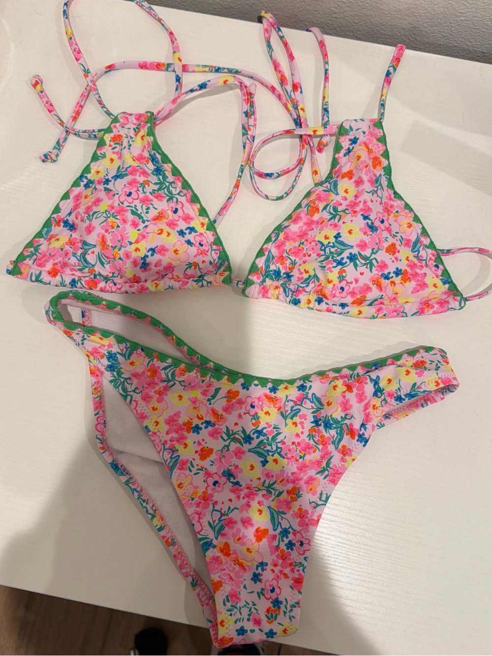 SHEIN Pink Floral Triangle Bikini with Green Trim